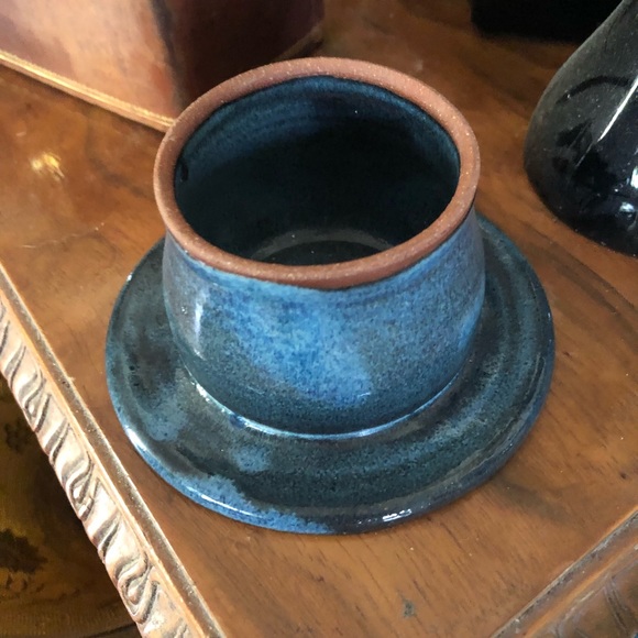 Blue Stoneware Pottery Butter Keeper Crock Cup